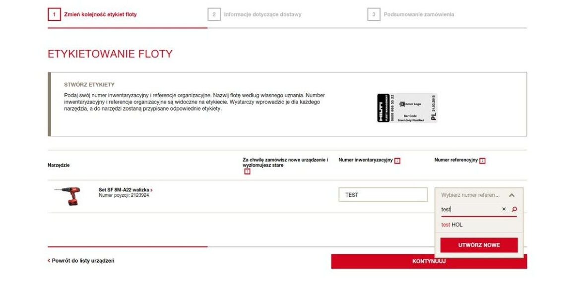 ZARZĄDZAJ ZAMÓWIENIEM DODATKOWYCH ETYKIET NARZĘDZI