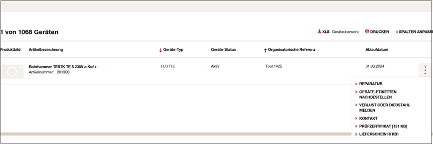 Meine Hilti Geräte: Geräteübersicht im Online Konto