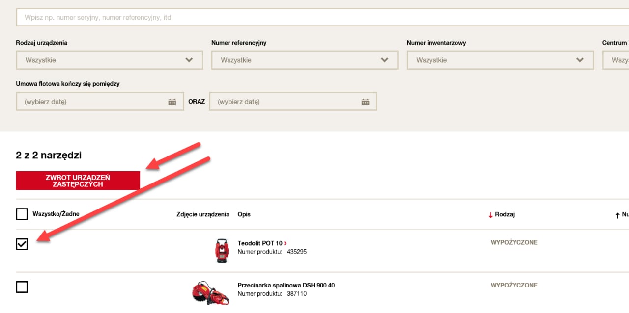 Meine Hilti Geräte: Rückgabe Miet- und Leihgeräte Schritt 2