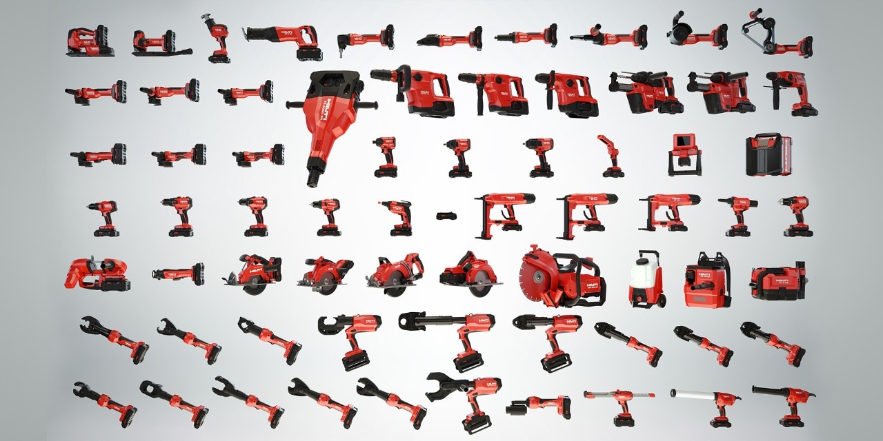 Na zdjęciu przegląd całej gamy produktów Hilti.