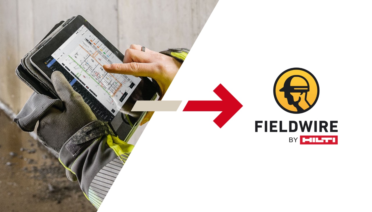 Ilustracja jest podzielona na dwie części: Po lewej stronie znajduje się zbliżenie na tablet wyświetlający rzut poziomy w oprogramowaniu Fieldwire firmy Hilti. Strzałka jest skierowana z tego miejsca na prawo w stronę logo oprogramowania Fieldwire firmy Hilti w prawej połowie obrazu.
