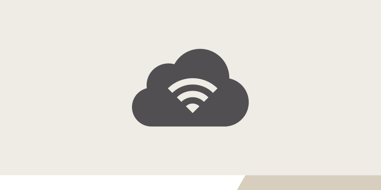 Ilustracja przedstawiająca szarą chmurę z białym znakiem Wi-Fi pośrodku.