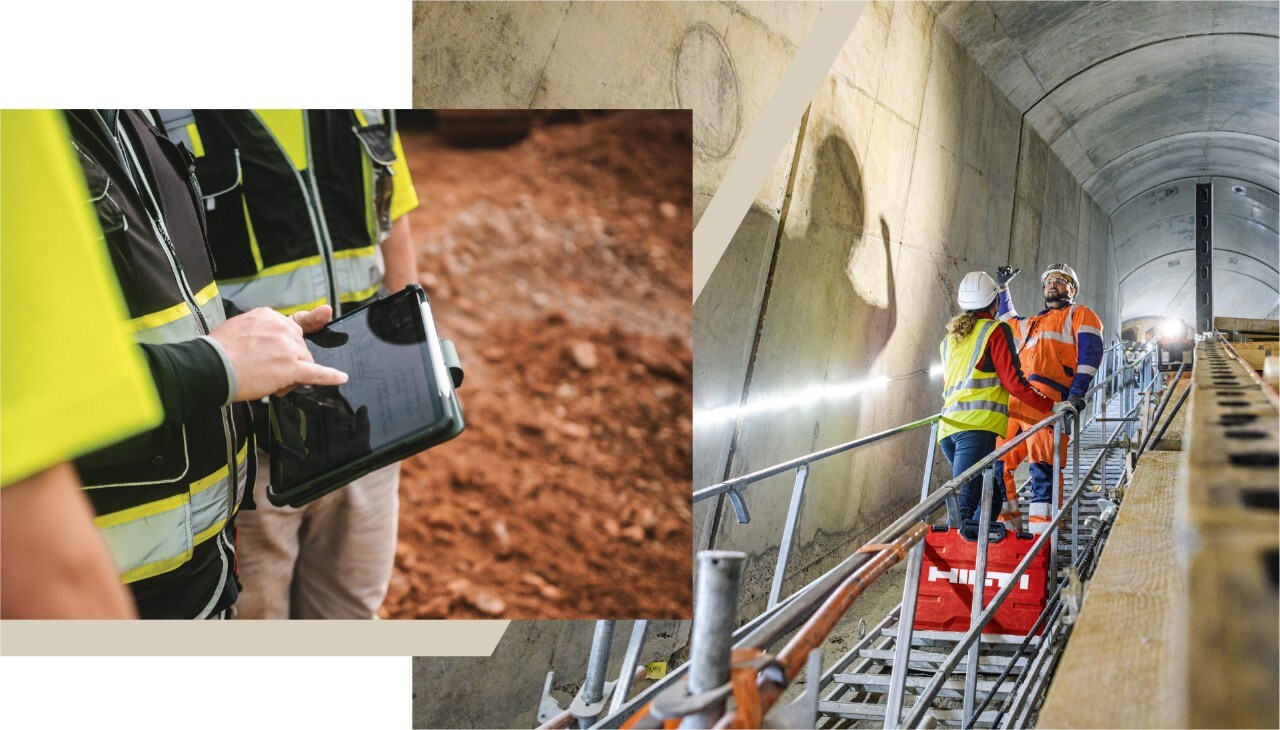 Zwei Fotos: Auf dem linken Foto sind drei angeschnittene Personen mit Sicherheitswesten zu sehen, die auf einem Tablet eine smarte Baustellenapp ansehen. Auf dem Foto rechts ist ein Baustellenschacht sowie zwei Arbeiter in Sicherheitskleidung zu sehen, die miteinander sprechen, vor ihnen steht ein roter Hilti Werkzeugkoffer.