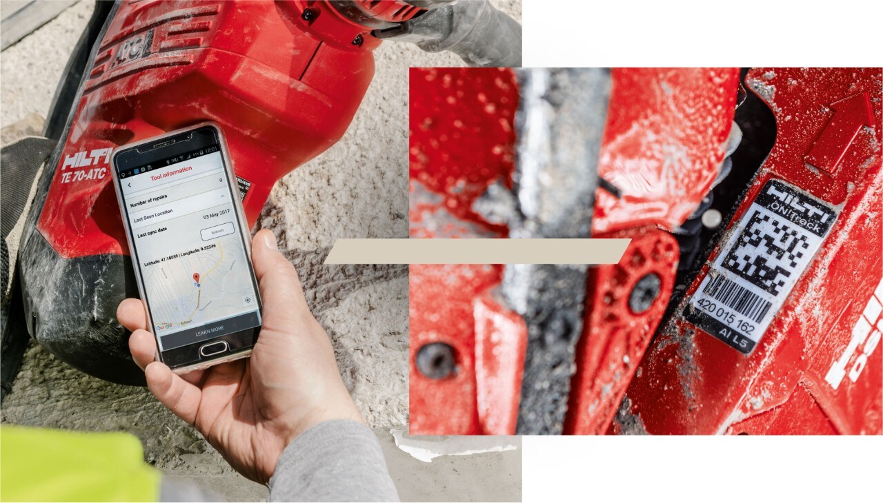 Dwa zdjęcia: zdjęcie po lewej stronie przedstawia wiertarkę udarową Hilti TE 70-ATC i telefon komórkowy z aplikacją ON!Track. Zdjęcie po prawej stronie przedstawia naklejkę śledzącą z kodem kreskowym na narzędziu.