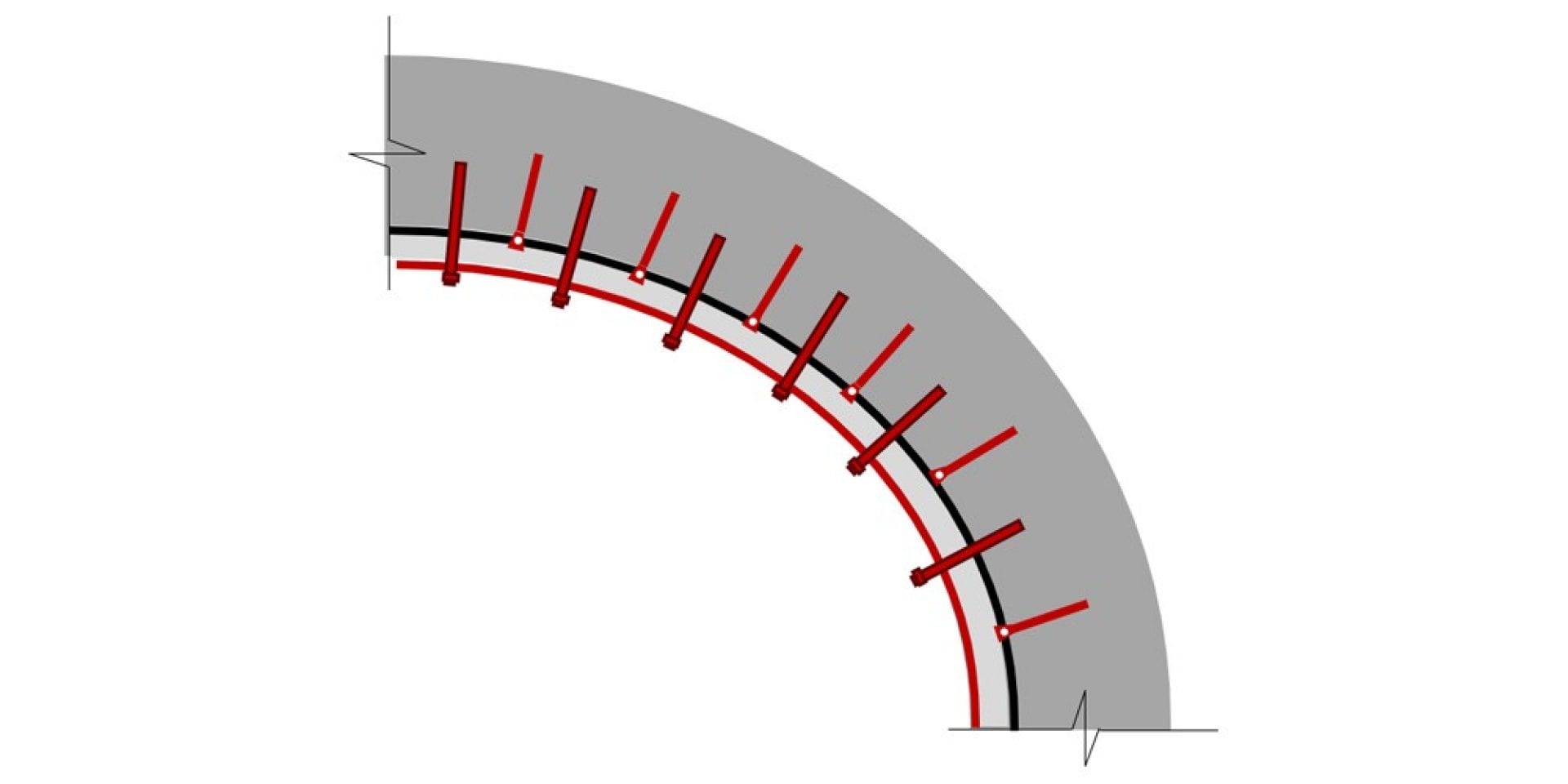 Schematyczny rysunek wzmocnienia wewnętrznej konstrukcji tunelu