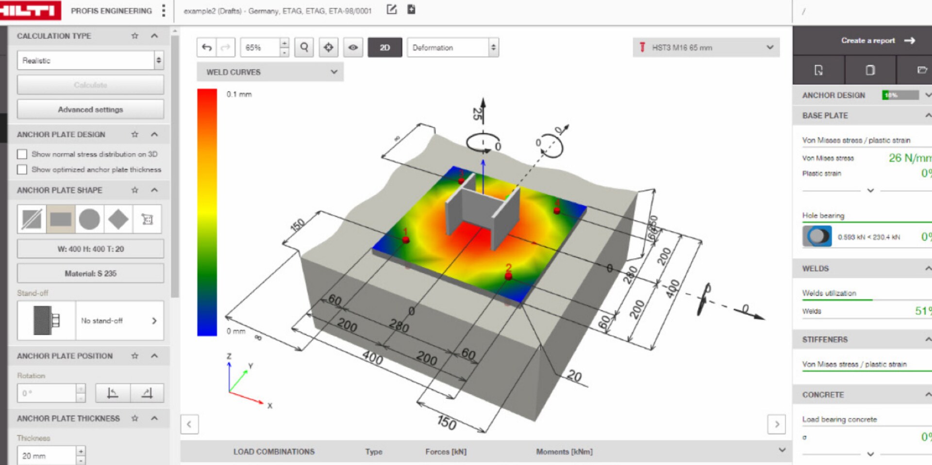 Screen shot of baseplate design in PROFIS Engineering software