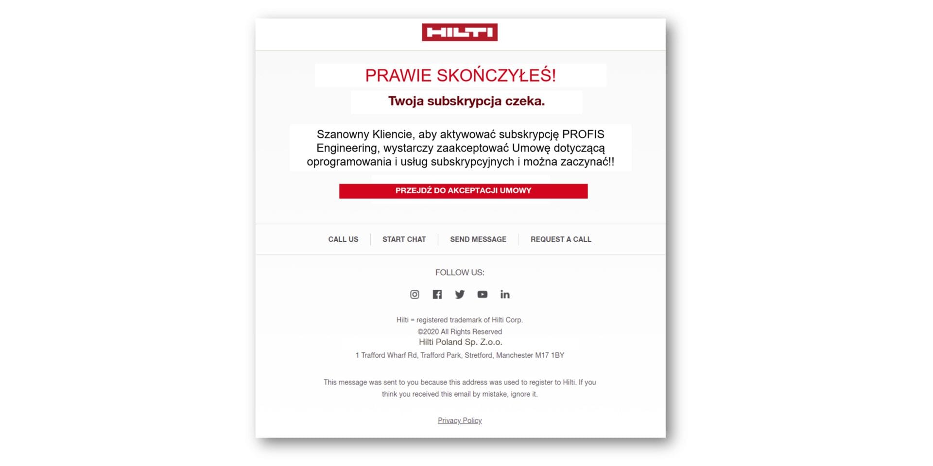 Screenshot showing the email with the link to the Hilti account tool