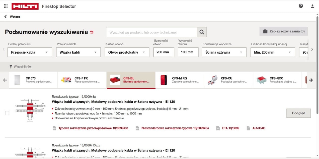 Zrzut ekranu z selektora przedstawiający bibliotekę rozwiązań