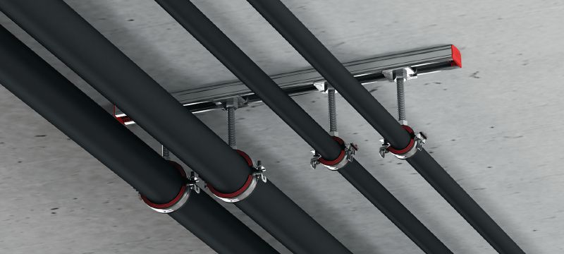 MP-U-I Obejma do rur z szybkim mechanizmem zamykającym Ocynkowana galwanicznie obejma do rur z izolacją akustyczną i szybkim mechanizmem zamykającym zapewniająca maksymalną produktywność w zastosowaniach średnich Aplikacje 1