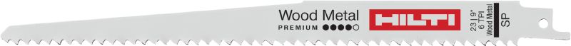 Znakomita jakości cięcia drewna zawierającego elementy metalowe Brzeszczot Premium do piły szablastej do rozbiórki konstrukcji drewnianych zawierających elementy metalowe. Duża wytrzymałość przy cięciu metalu oraz duża prędkość cięcia drewna