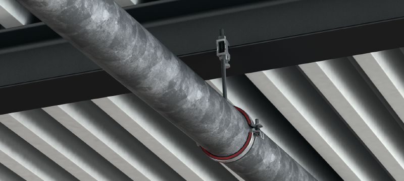 MP-U-I Obejma do rur z szybkim mechanizmem zamykającym Ocynkowana galwanicznie obejma do rur z izolacją akustyczną i szybkim mechanizmem zamykającym zapewniająca maksymalną produktywność w zastosowaniach średnich Aplikacje 1