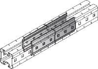 Łącznik MIQC-E Ocynkowany ogniowo łącznik stosowany do podłużnego łączenia belek MIQ w przypadku większych rozpiętości w zastosowaniach do dużych obciążeń