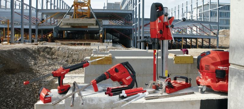 Kotwa wklejana HIT-RE 500 V4 Najwytrzymalsza iniekcyjna żywica epoksydowa, certyfikowana do wklejania prętów zbrojeniowych i wykonywania zakotwień do dużych obciążeń Aplikacje 1