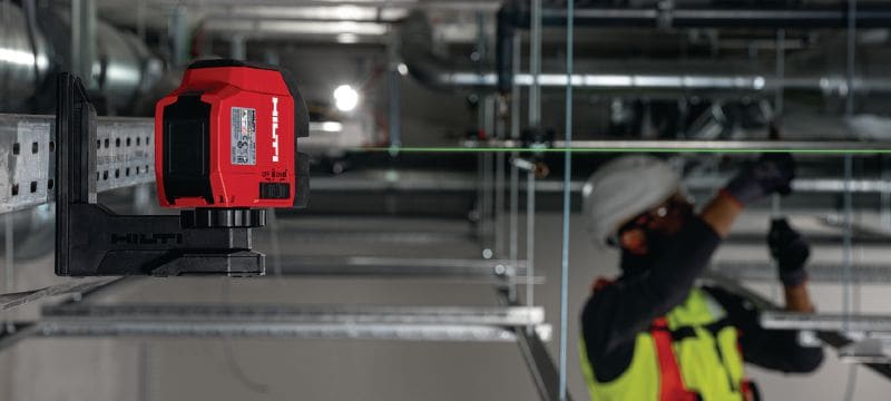 Laser liniowy z zieloną wiązką PM 2-LG Dwuliniowy laser z dobrze widoczną zieloną wiązką do poziomowania i wyrównywania Aplikacje 1