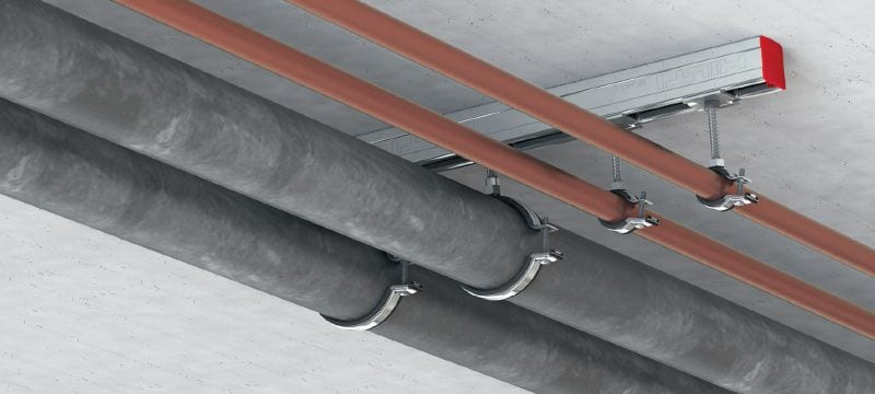 MP-L-I Obejma do rur, z szybkim mechanizmem zamykającym, do zastosowań lekkich Ocynkowana galwanicznie obejma do rur, z izolacją akustyczną i szybkim mechanizmem zamykającym, zapewniająca wysoką produktywność, do zastosowań lekkich Aplikacje 1