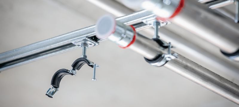 MP-L-I Obejma do rur, z szybkim mechanizmem zamykającym, do zastosowań lekkich Ocynkowana galwanicznie obejma do rur, z izolacją akustyczną i szybkim mechanizmem zamykającym, zapewniająca wysoką produktywność, do zastosowań lekkich Aplikacje 1